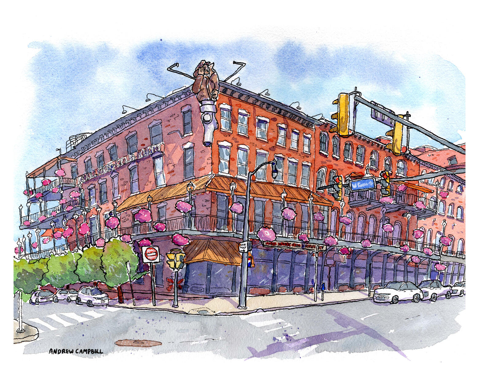 Ink & watercolor painting of Pearl Street Grill & Brewery in Buffalo, NY
